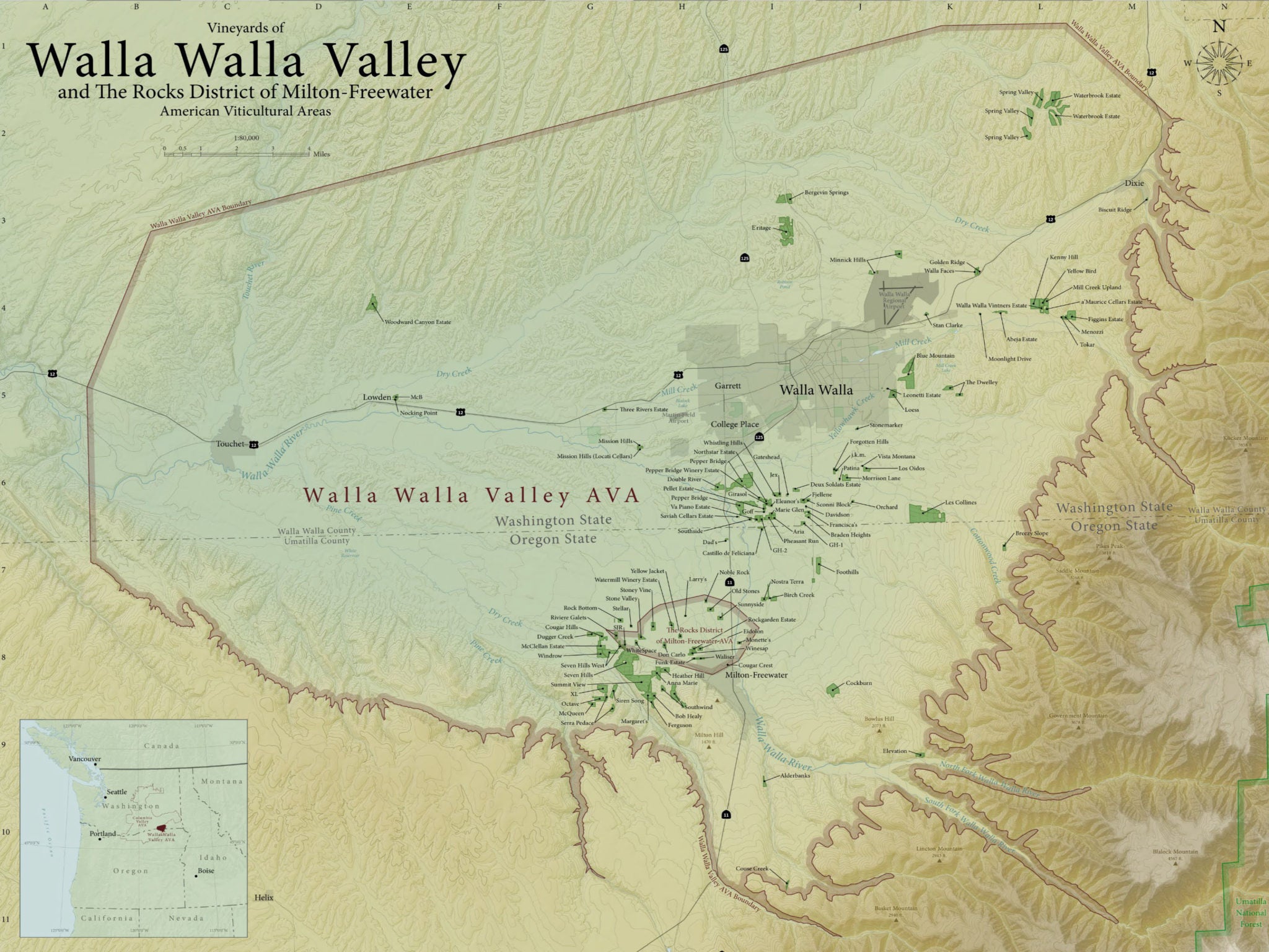 Map of the Walla Walla Valley American Viticultural Area Boundaries and Vineyard Sites