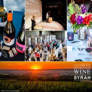 Series of images from Celebrate Walla Walla Valley Wine - sunset from Southwind Vineyard, table at Brook & Bull Winemaker Dinner, Vintage Pour overhead crowd shot, Gesa Power House Theater crowd shot, bottle shot of Syrah bottles